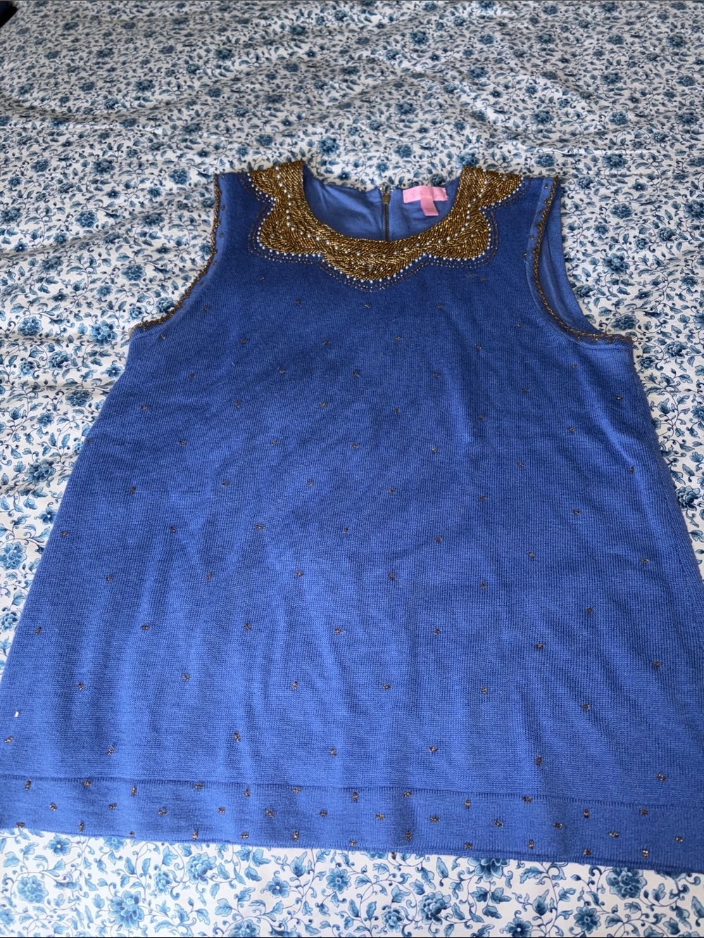 Lilly Pulitzer Blue Sleeveless Beaded Neckline Top